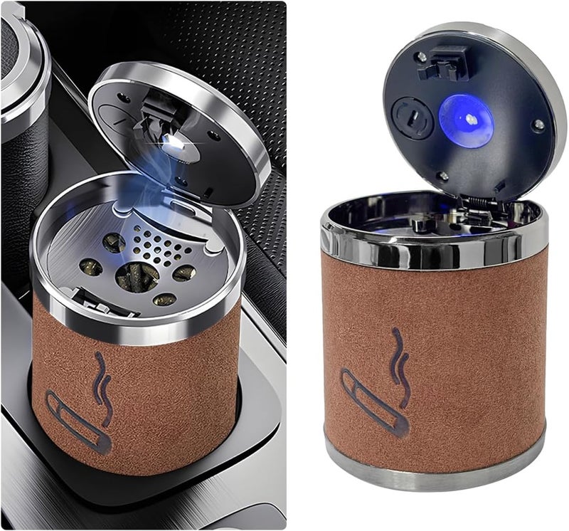 Wevdn Car Ashtray with Lid, Detachable & Portable Stainless Steel Smokeless Ashtrays for Car, Mini Universal Smell Proof Windproof Car Ashtray with LED Blue Light (Brown-Plush Surface) - Image 1